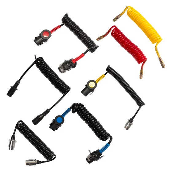 Coiled electrical cables and air hoses with connector ends
