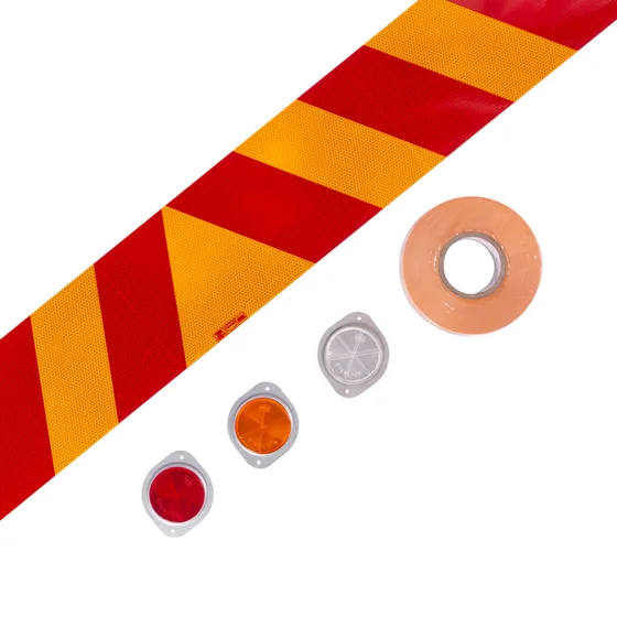 Reflective trailer tape and round reflectors — red and amber chevron safety marking